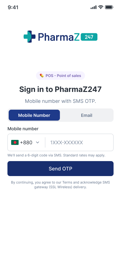 PharmaZ247 mobile app sign-in with SMS OTP