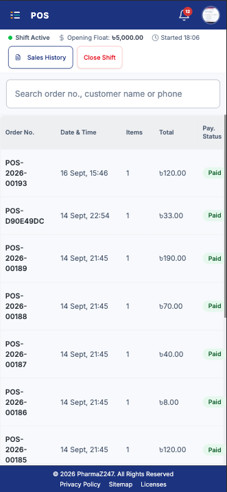 Today's PharmaZ247 sales on a phone, with order numbers, totals and payment status