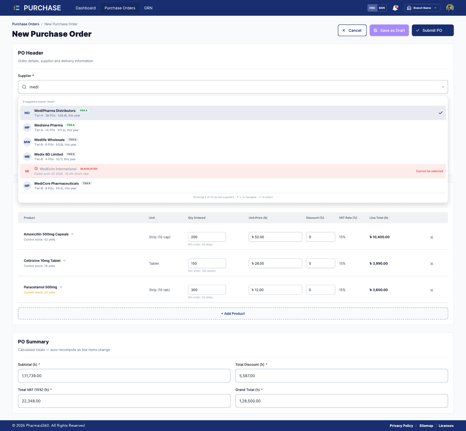 Creating a new purchase order in PharmaZ247